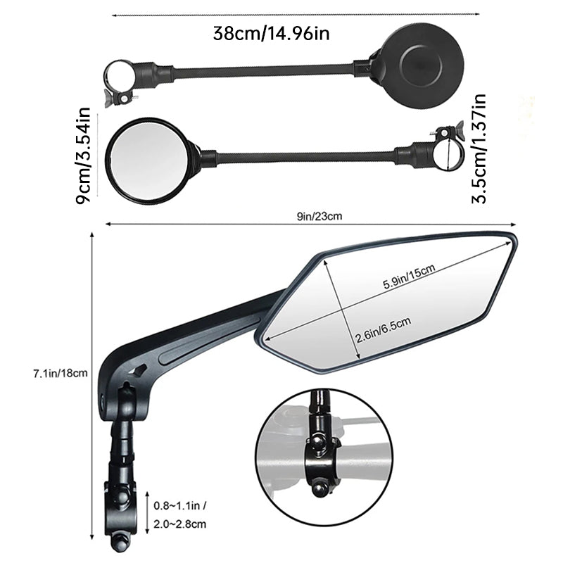 Bike Mirror, Adjustable Handlebar Rear View Mirror for Mountain Road Bicycle - 2 Pack (Black)