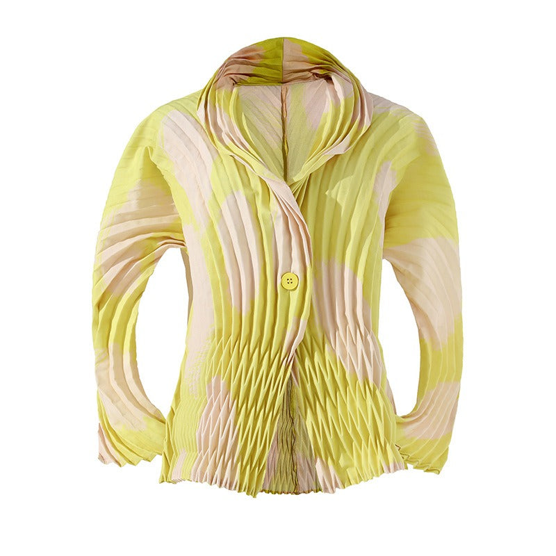 High-end pleated fashionable printed small jacket for women with hand-pleated suit collar