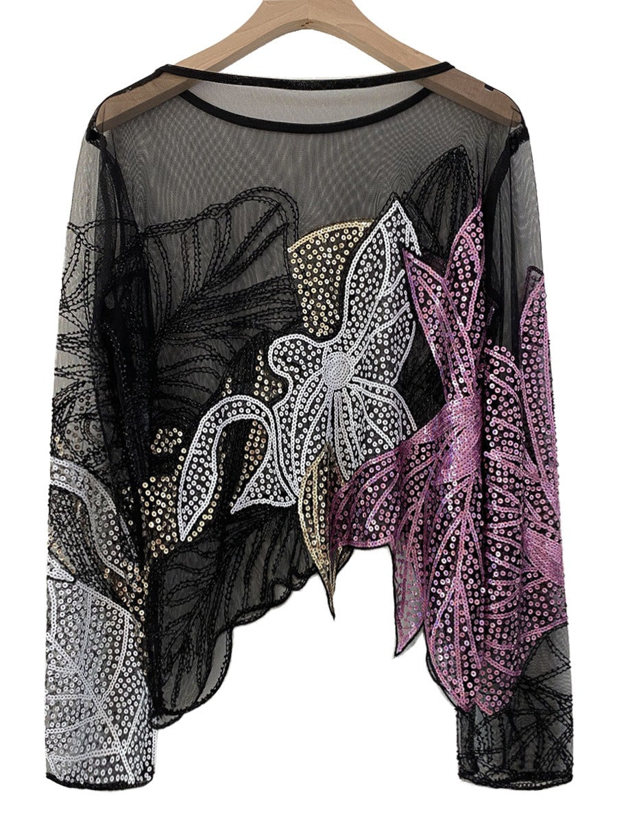 Heavy industry studded sequin top thin long sleeved irregular floral women's lace small shirt