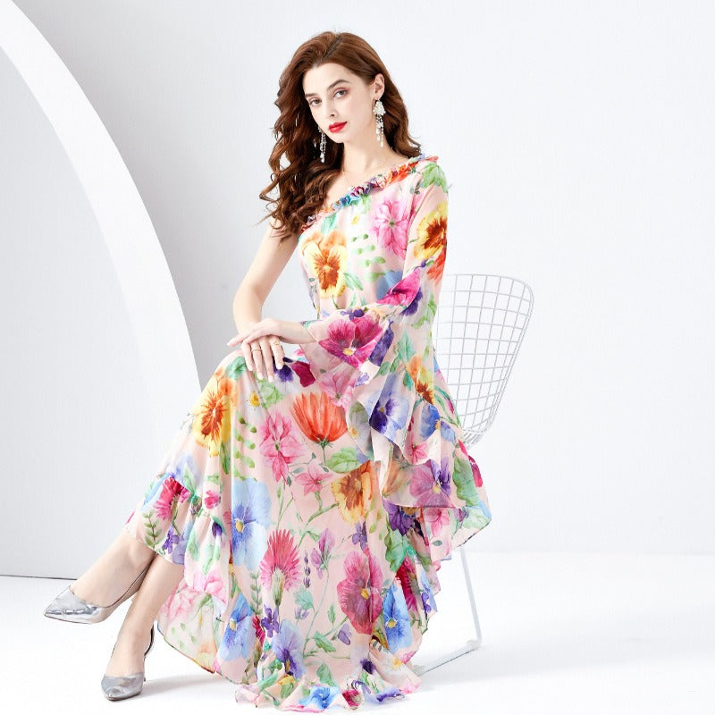 Single Shoulder Wooden Ear Strap Long Wide Swing Printed Dress