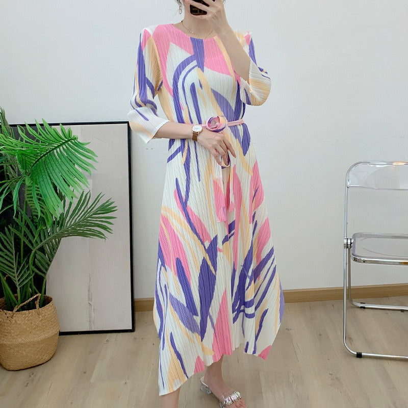 Pleated dress, printed, elegant, high-end, loose, slim, round neck, sleeveless summer pleated skirt