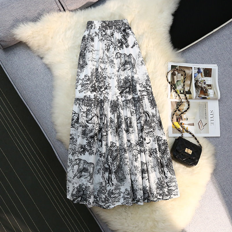 Animal porcelain temperament fluffy half skirt female ink painting Hepburn A-line printed pleated skirt