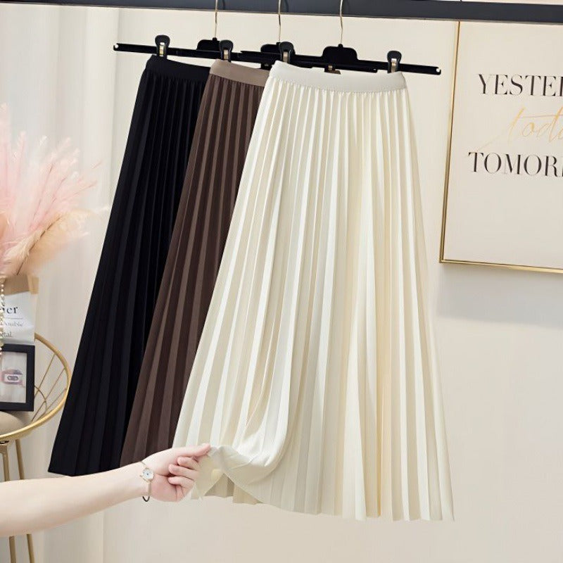 High waisted pleated skirt women's mid length A-line skirt draped and loose large hem skirt