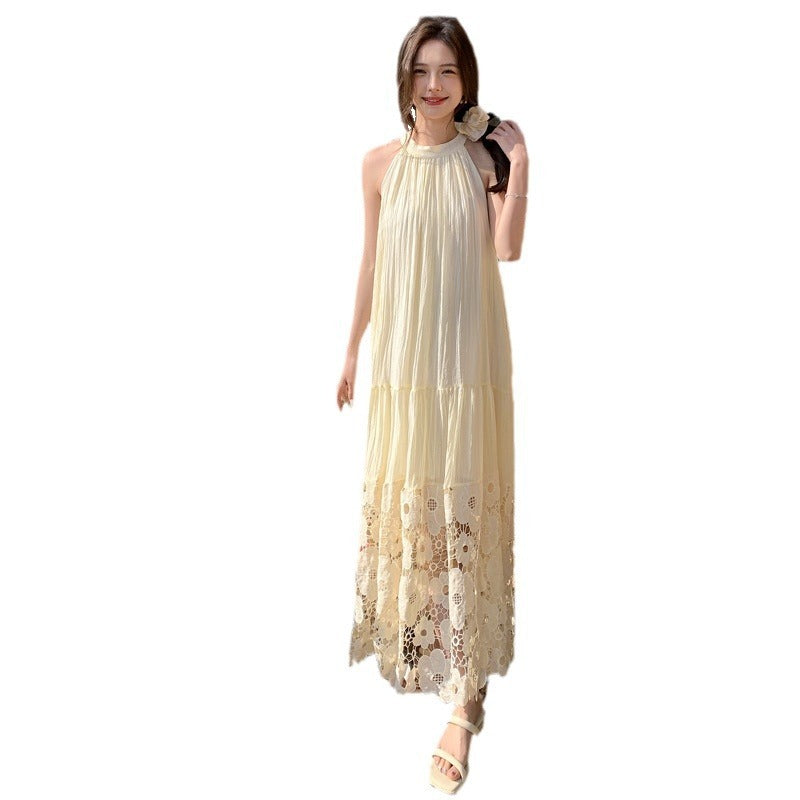 Lace patchwork loose neckline dress for slimming and sleeveless vacation beach dress