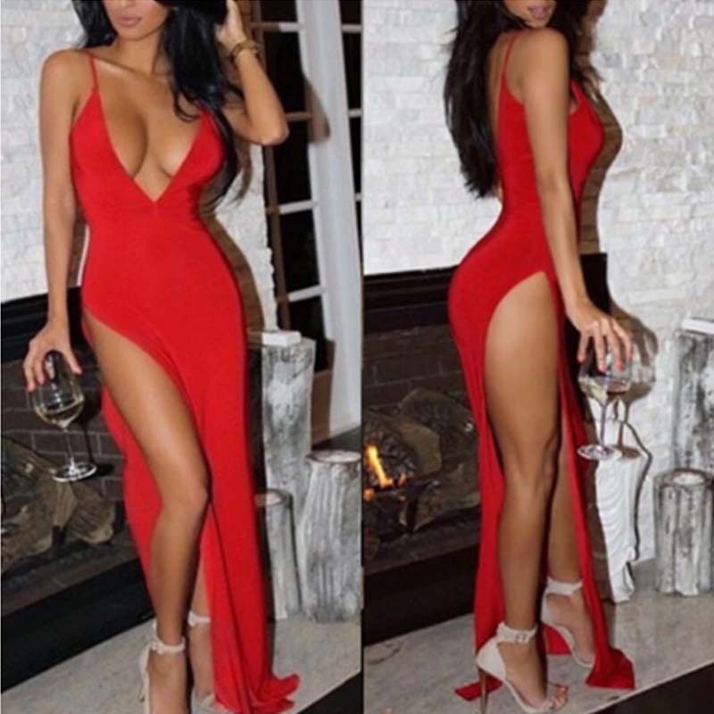 Deep V-shaped dress new camisole women's high waisted slit long skirt