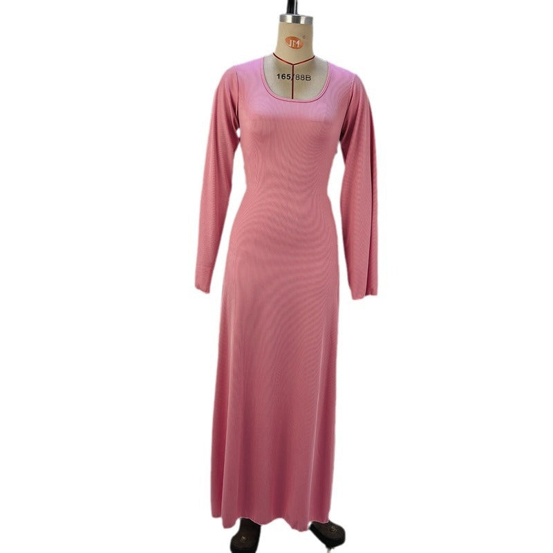 Women's New Autumn New Product Fashion Loose U-neck Back Lace up Long sleeved Dress