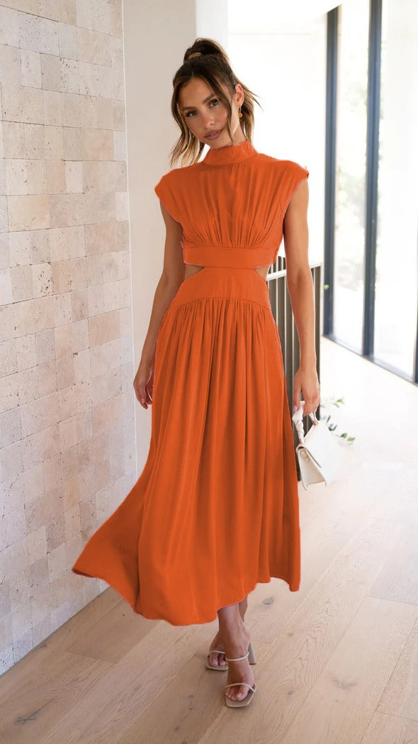 Standing collar macaron color waist length dress