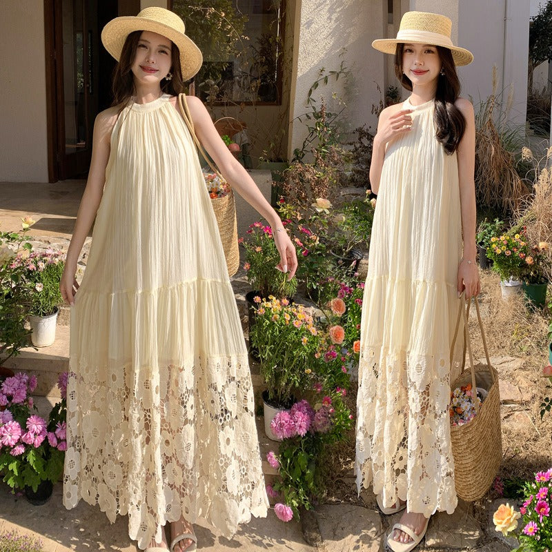 Lace patchwork loose neckline dress for slimming and sleeveless vacation beach dress