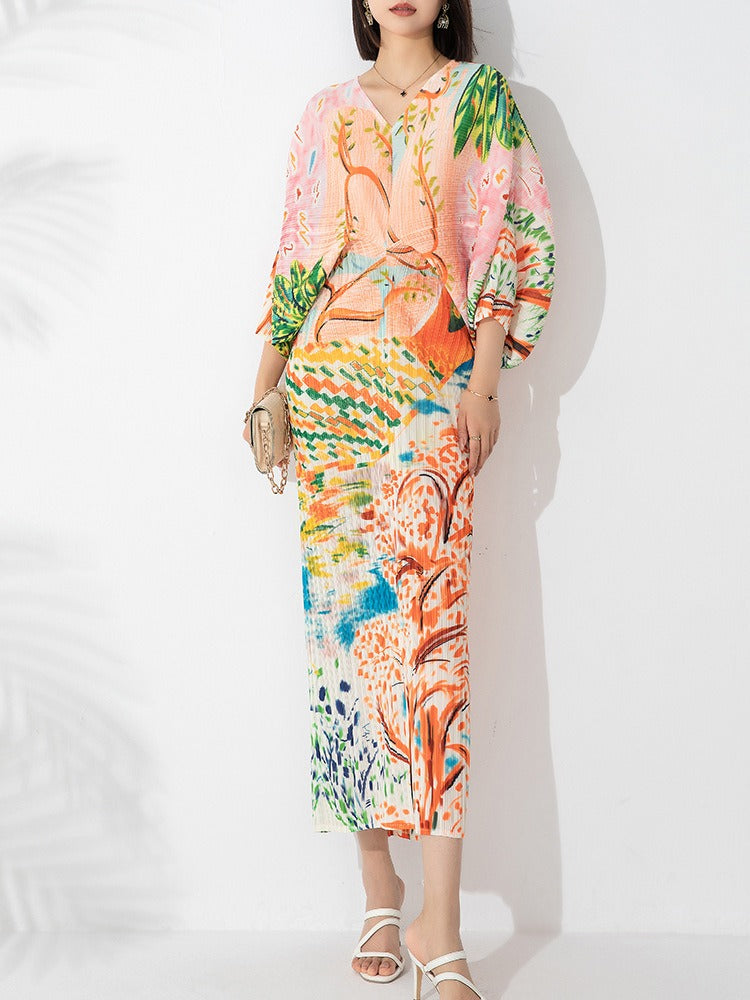 Wrinkle printed bat sleeve V-neck dress in large size, slim fit, buttocks wrapped, one step long skirt for women