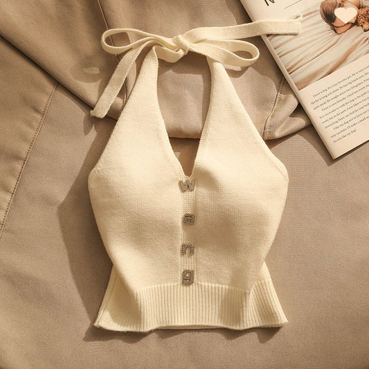 Suspended top for women's summer wear with a beautiful back and slim fit design Off the shoulder short knit vest