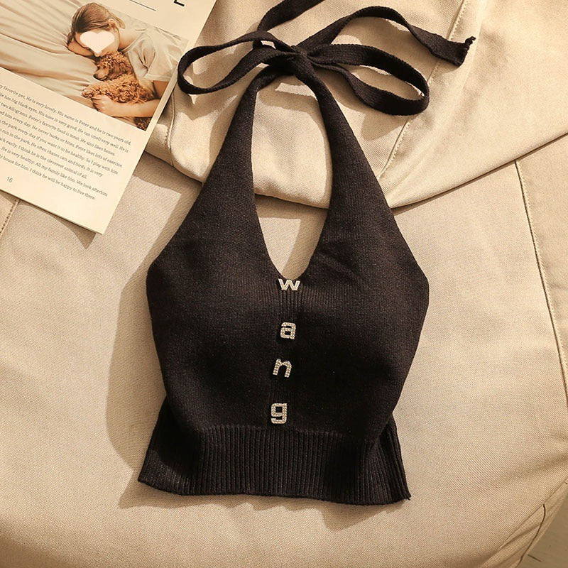 Suspended top for women's summer wear with a beautiful back and slim fit design Off the shoulder short knit vest