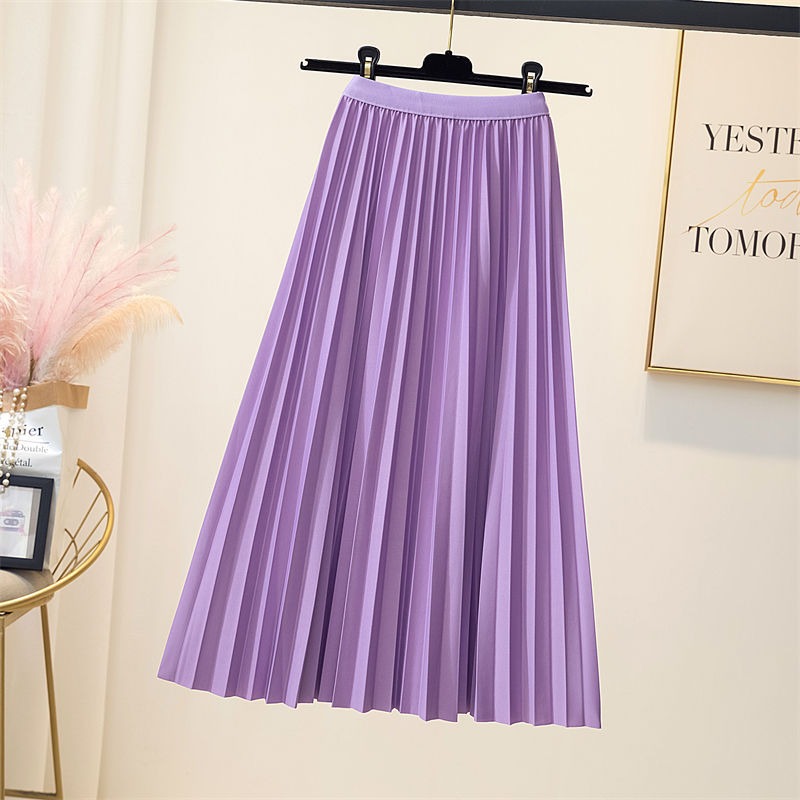 High waisted pleated skirt women's mid length A-line skirt draped and loose large hem skirt