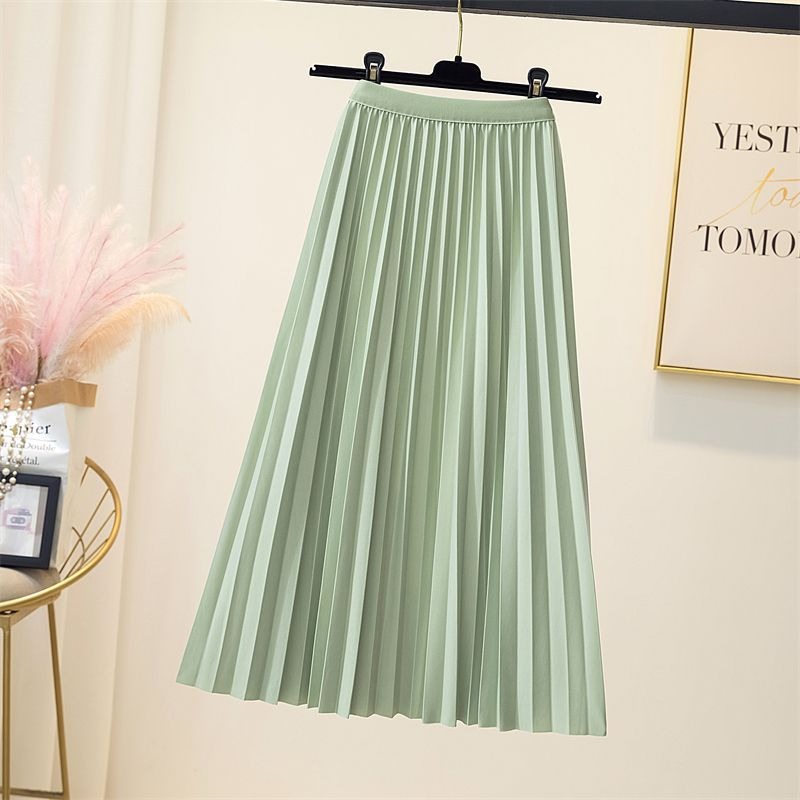 High waisted pleated skirt women's mid length A-line skirt draped and loose large hem skirt