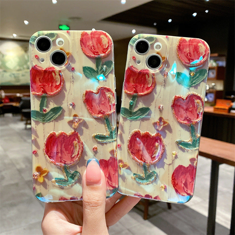 Small fresh tulip x suitable for Apple 13Pro Max mobile phone case iphone11 flash drill 12 drops of glue XR