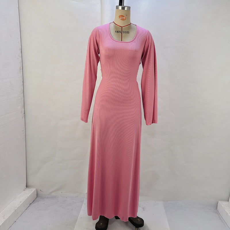 Women's New Autumn New Product Fashion Loose U-neck Back Lace up Long sleeved Dress