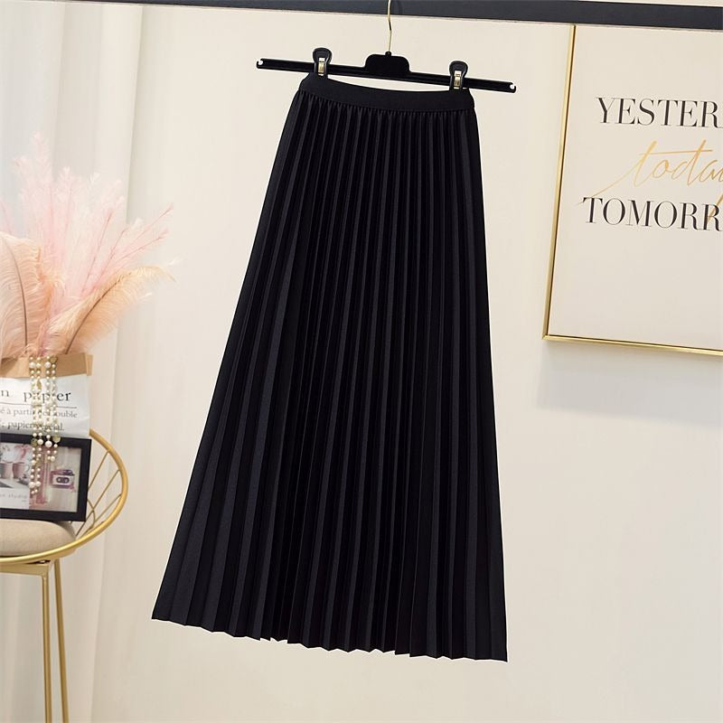 High waisted pleated skirt women's mid length A-line skirt draped and loose large hem skirt