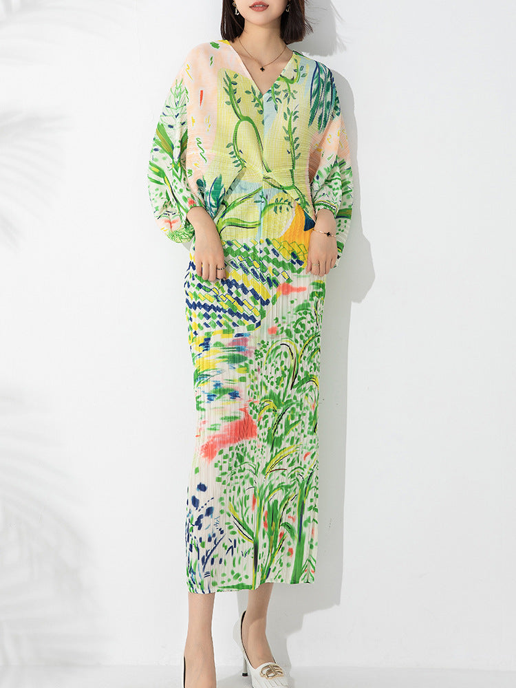 Wrinkle printed bat sleeve V-neck dress in large size, slim fit, buttocks wrapped, one step long skirt for women
