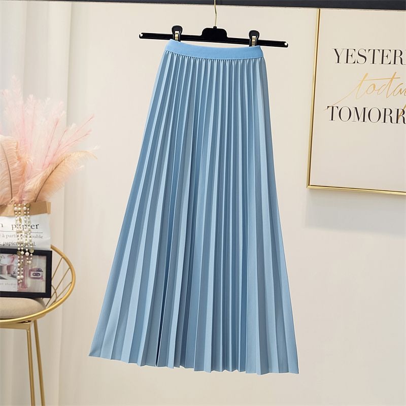 High waisted pleated skirt women's mid length A-line skirt draped and loose large hem skirt