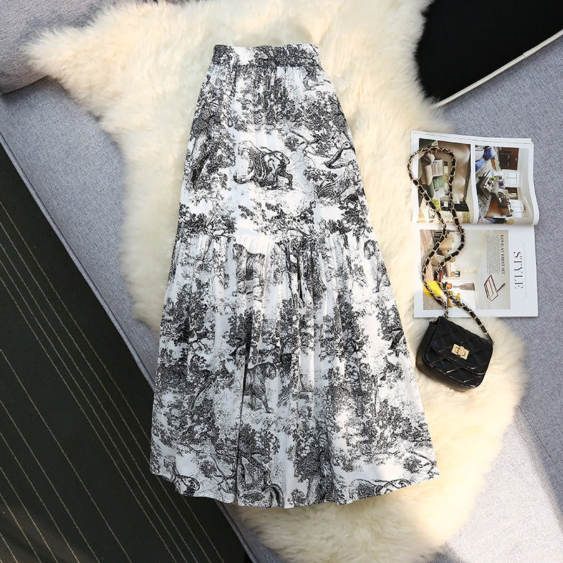 Animal porcelain temperament fluffy half skirt female ink painting Hepburn A-line printed pleated skirt