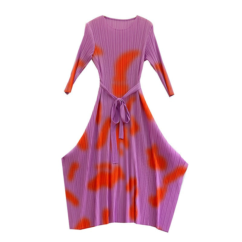 Pleated dress, printed, elegant, high-end, loose, slim, round neck, sleeveless summer pleated skirt