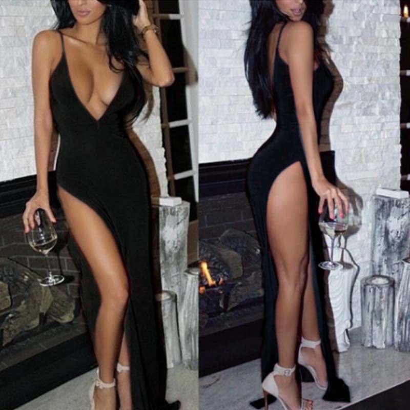 Deep V-shaped dress new camisole women's high waisted slit long skirt