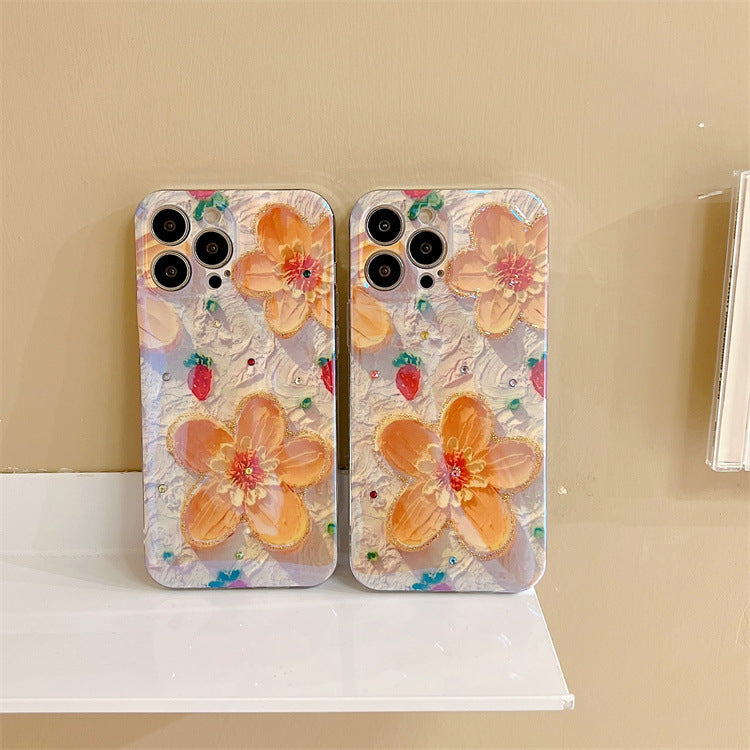 Strawberry Yellow Oil Painting Flowers Suitable For Apple 87plus Mobile Phone Case Flash Drill 13promax Glue 12 Fresh