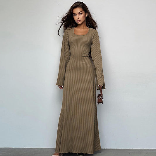 Women's New Autumn New Product Fashion Loose U-neck Back Lace up Long sleeved Dress
