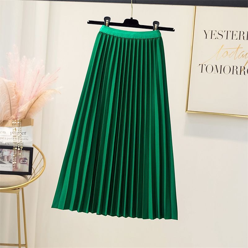 High waisted pleated skirt women's mid length A-line skirt draped and loose large hem skirt