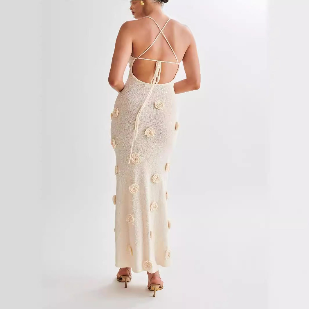 Suspended sleeveless dress with three-dimensional floral heavy industry knitted backless tie