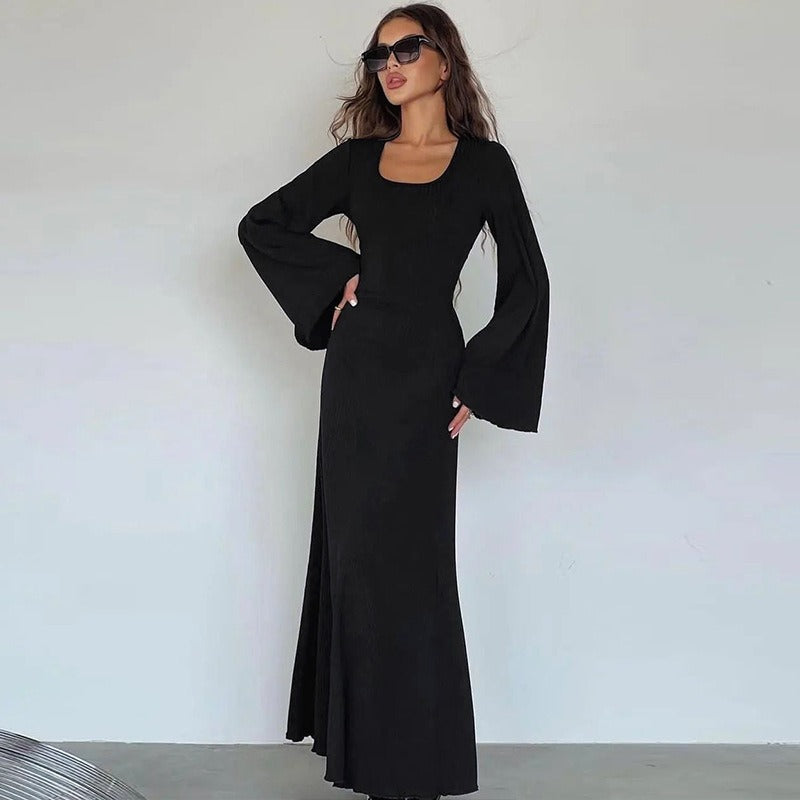 Women's New Autumn New Product Fashion Loose U-neck Back Lace up Long sleeved Dress