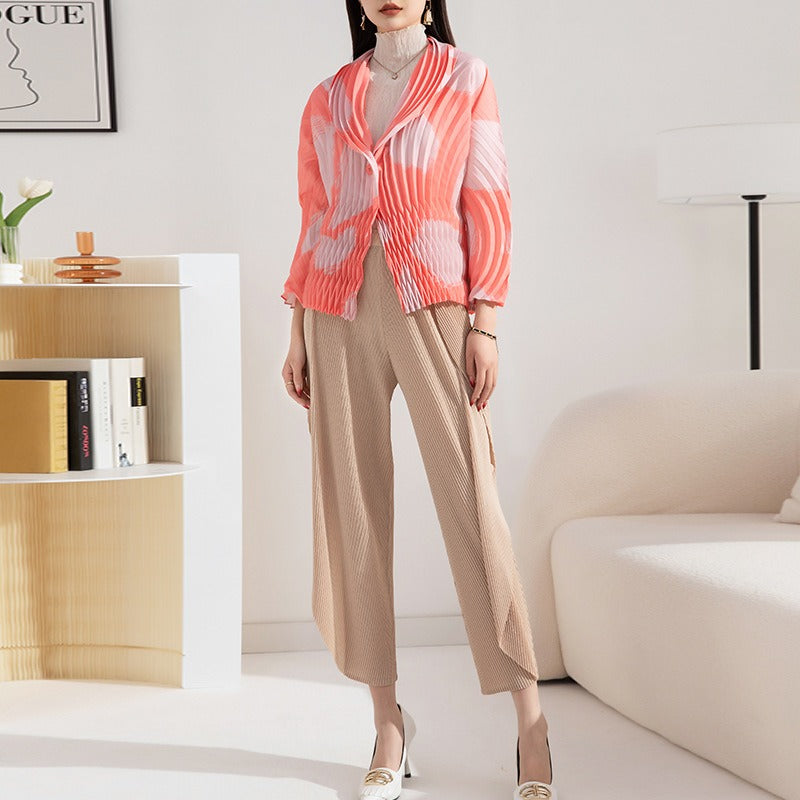 High-end pleated fashionable printed small jacket for women with hand-pleated suit collar