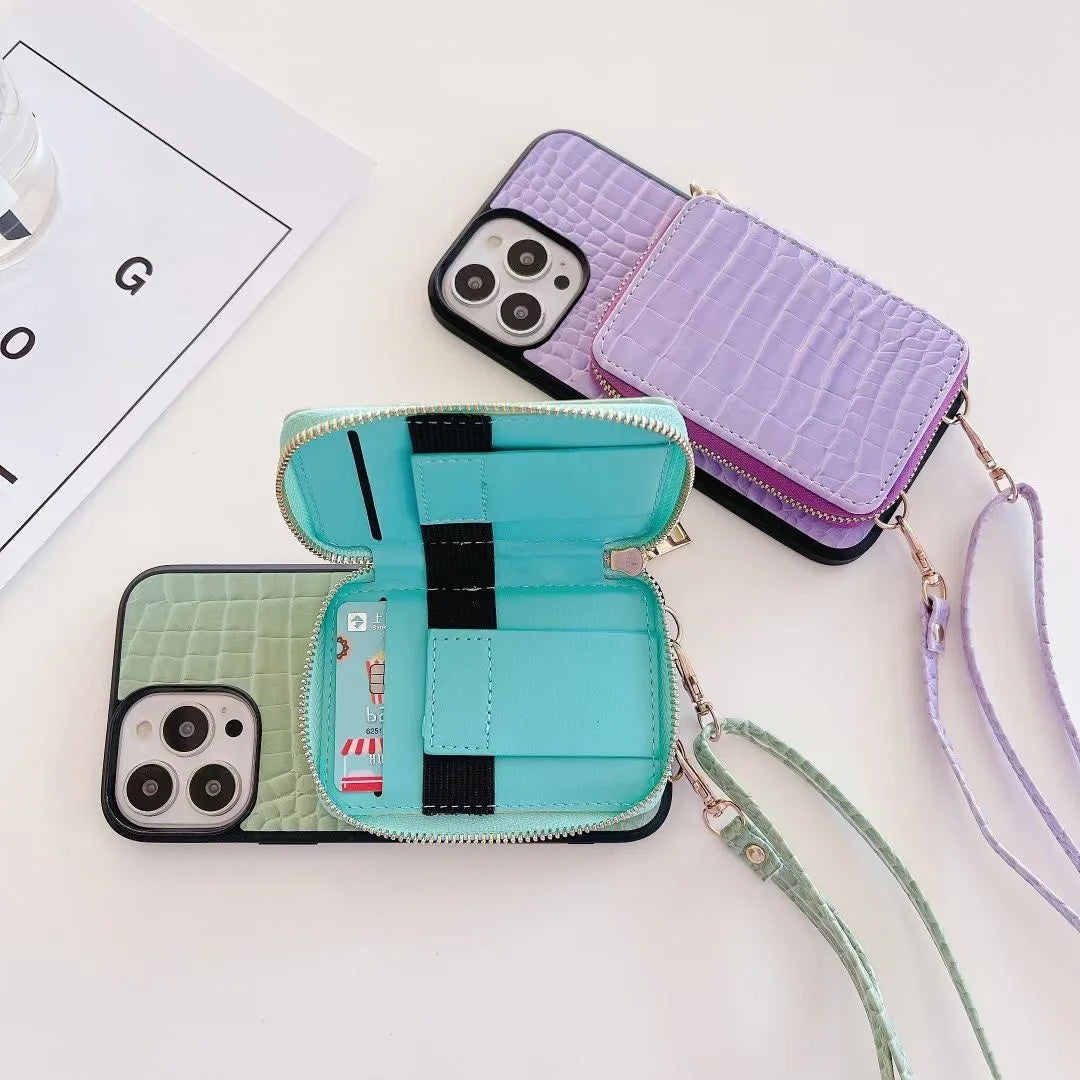 Luxury Leather Wallet Crossbody Lanyard Soft Phone Case Back Hard Cover