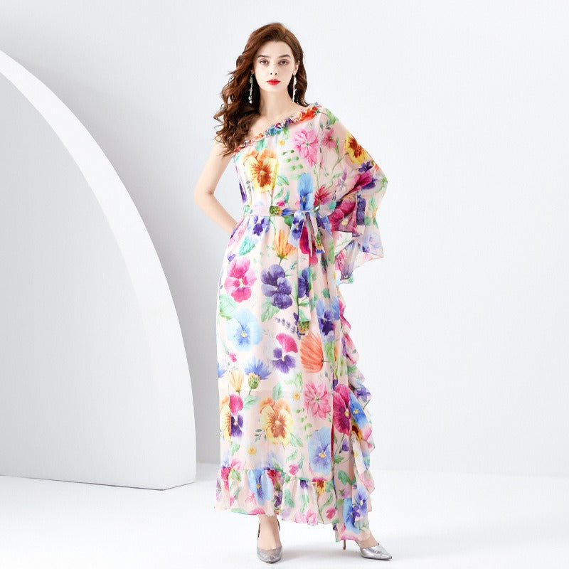 Single Shoulder Wooden Ear Strap Long Wide Swing Printed Dress