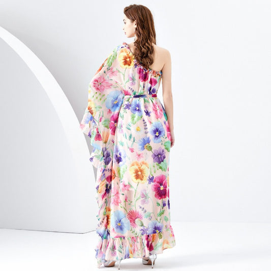 Single Shoulder Wooden Ear Strap Long Wide Swing Printed Dress