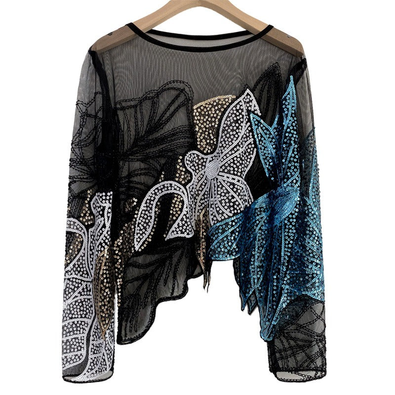 Heavy industry studded sequin top thin long sleeved irregular floral women's lace small shirt
