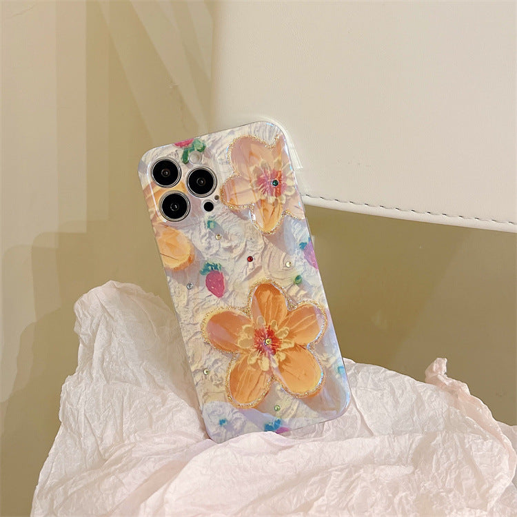 Strawberry Yellow Oil Painting Flowers Suitable For Apple 87plus Mobile Phone Case Flash Drill 13promax Glue 12 Fresh