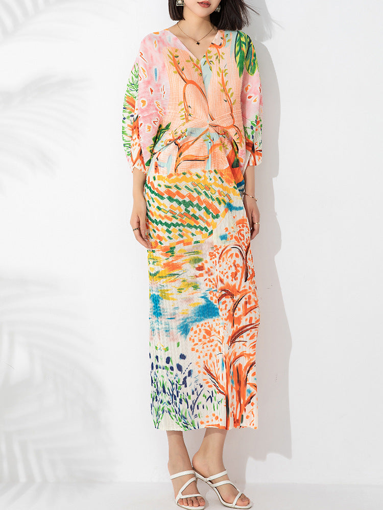 Wrinkle printed bat sleeve V-neck dress in large size, slim fit, buttocks wrapped, one step long skirt for women