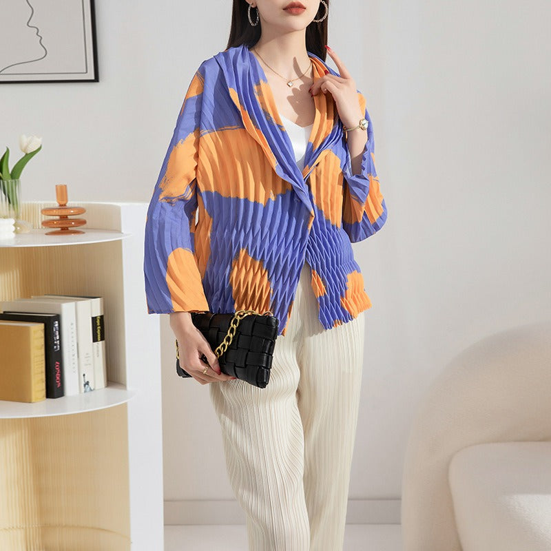High-end pleated fashionable printed small jacket for women with hand-pleated suit collar