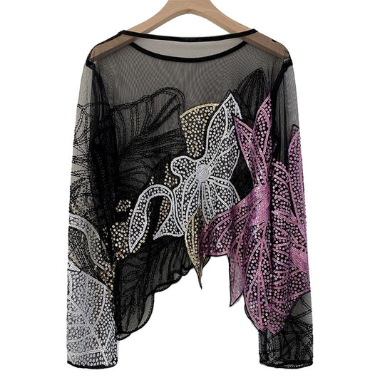 Heavy industry studded sequin top thin long sleeved irregular floral women's lace small shirt