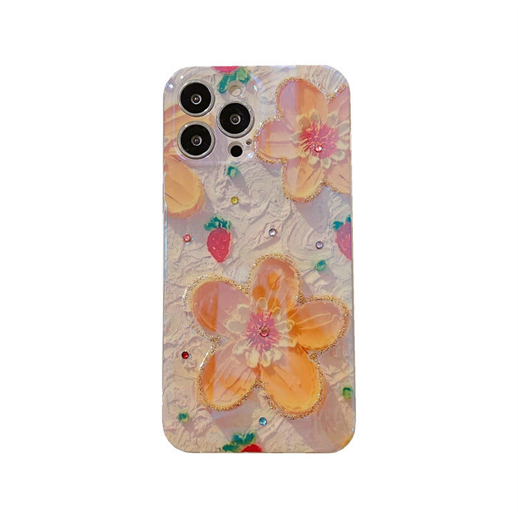 Strawberry Yellow Oil Painting Flowers Suitable For Apple 87plus Mobile Phone Case Flash Drill 13promax Glue 12 Fresh