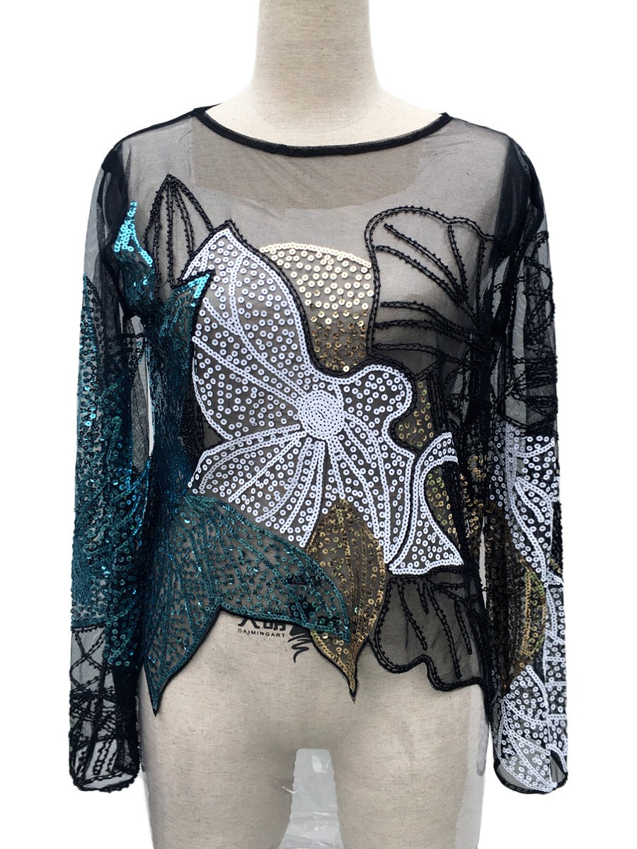 Heavy industry studded sequin top thin long sleeved irregular floral women's lace small shirt