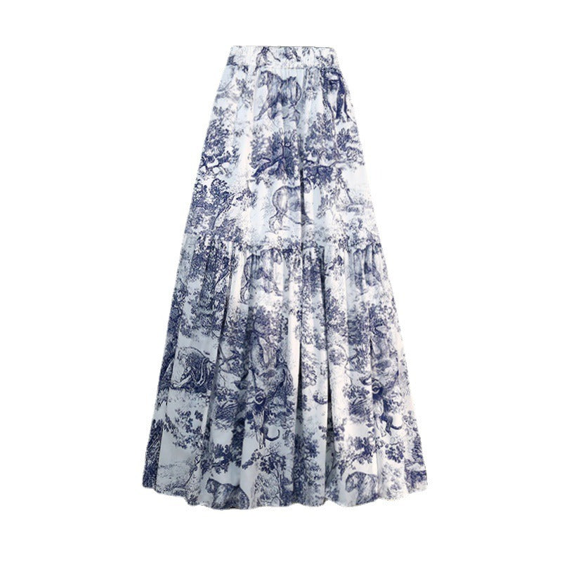 Animal porcelain temperament fluffy half skirt female ink painting Hepburn A-line printed pleated skirt