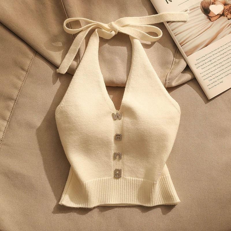 Suspended top for women's summer wear with a beautiful back and slim fit design Off the shoulder short knit vest