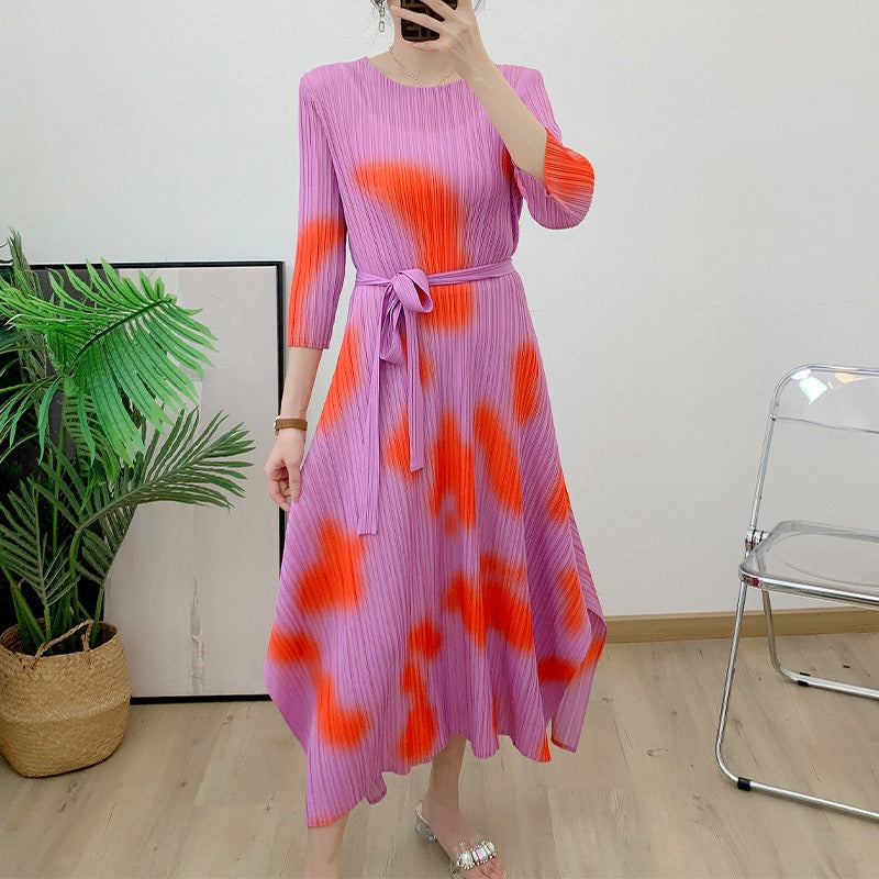 Pleated dress, printed, elegant, high-end, loose, slim, round neck, sleeveless summer pleated skirt