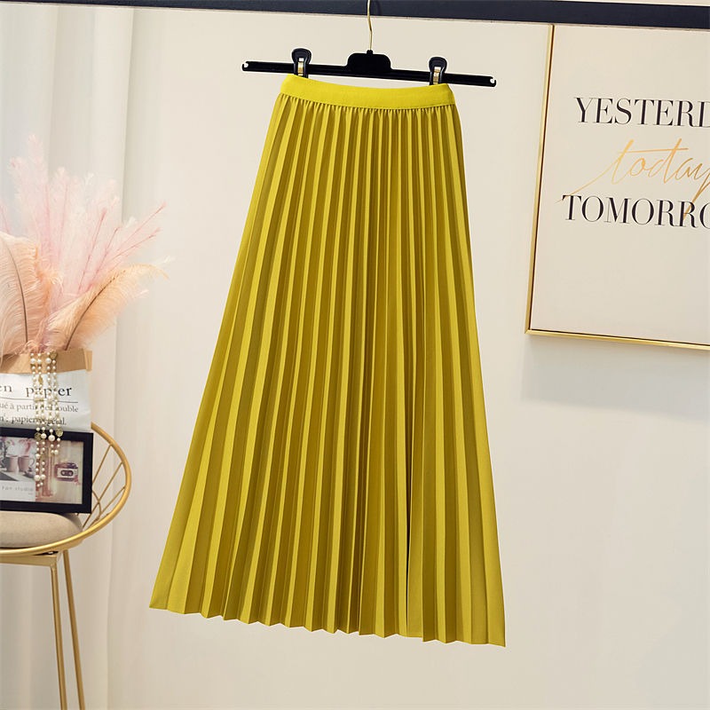 High waisted pleated skirt women's mid length A-line skirt draped and loose large hem skirt