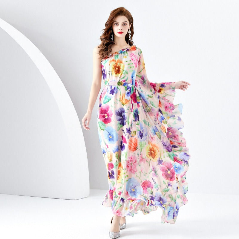 Single Shoulder Wooden Ear Strap Long Wide Swing Printed Dress