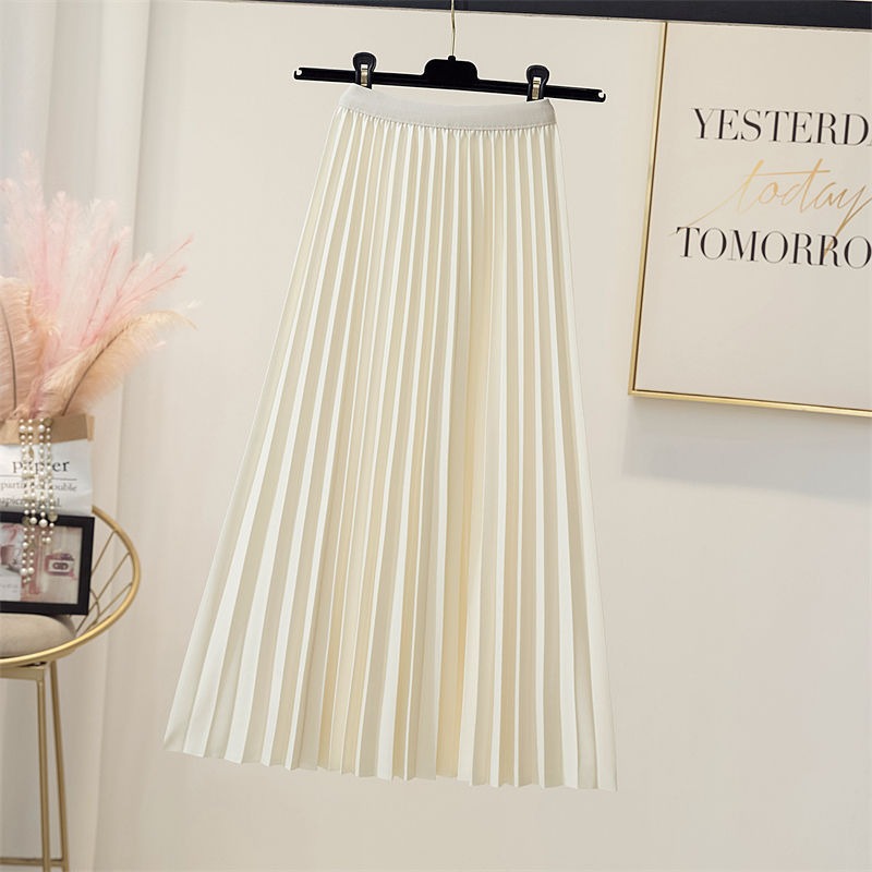 High waisted pleated skirt women's mid length A-line skirt draped and loose large hem skirt