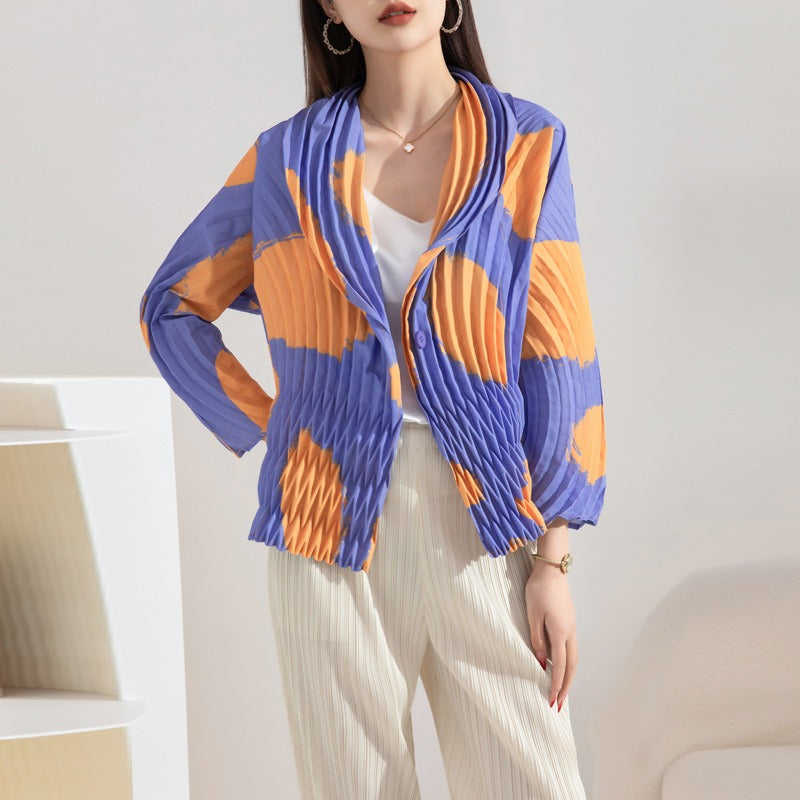 High-end pleated fashionable printed small jacket for women with hand-pleated suit collar