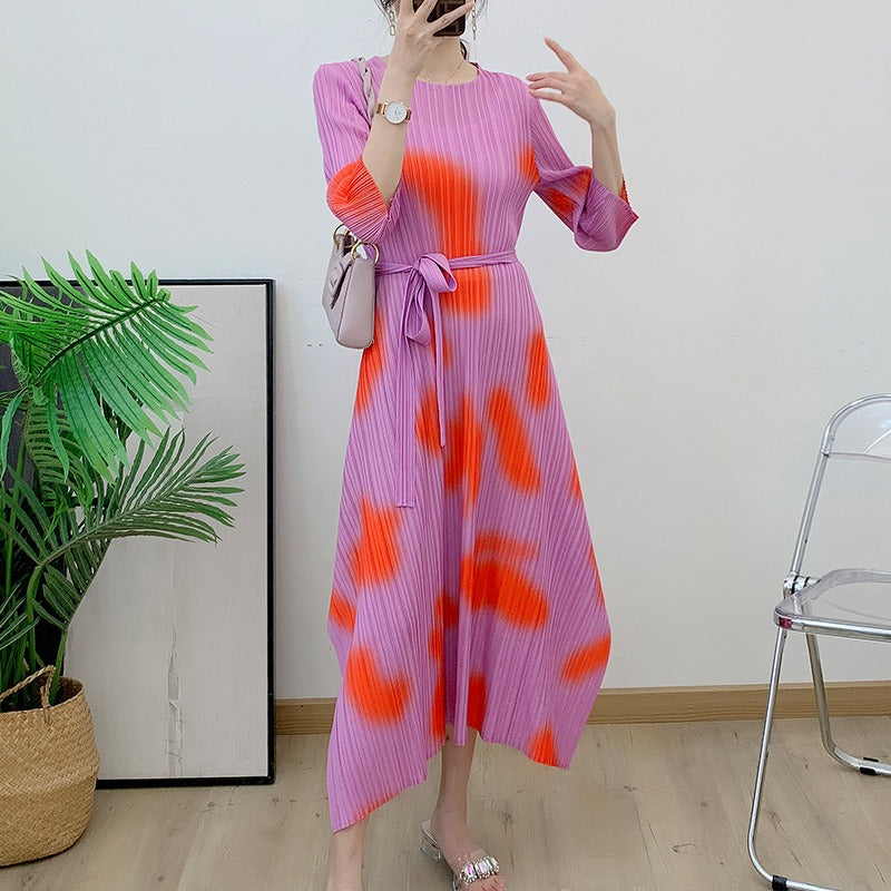 Pleated dress, printed, elegant, high-end, loose, slim, round neck, sleeveless summer pleated skirt