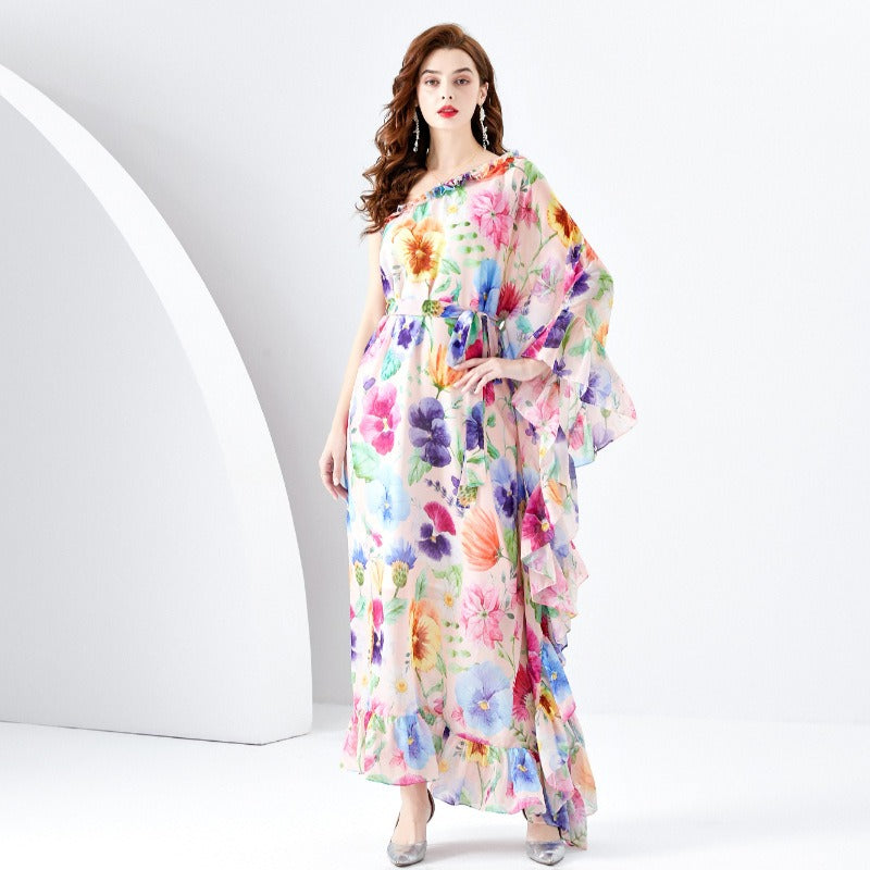 Single Shoulder Wooden Ear Strap Long Wide Swing Printed Dress